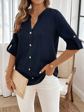 EMERY ROSE Women's Solid Color V Neck Roll Cuff Loose Casual Shirt, Autumn